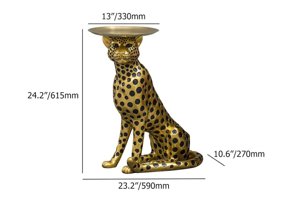Luxury Gold Leopard Accent Side Table with Tray Top Resin Panther End Table Drink Table - 
