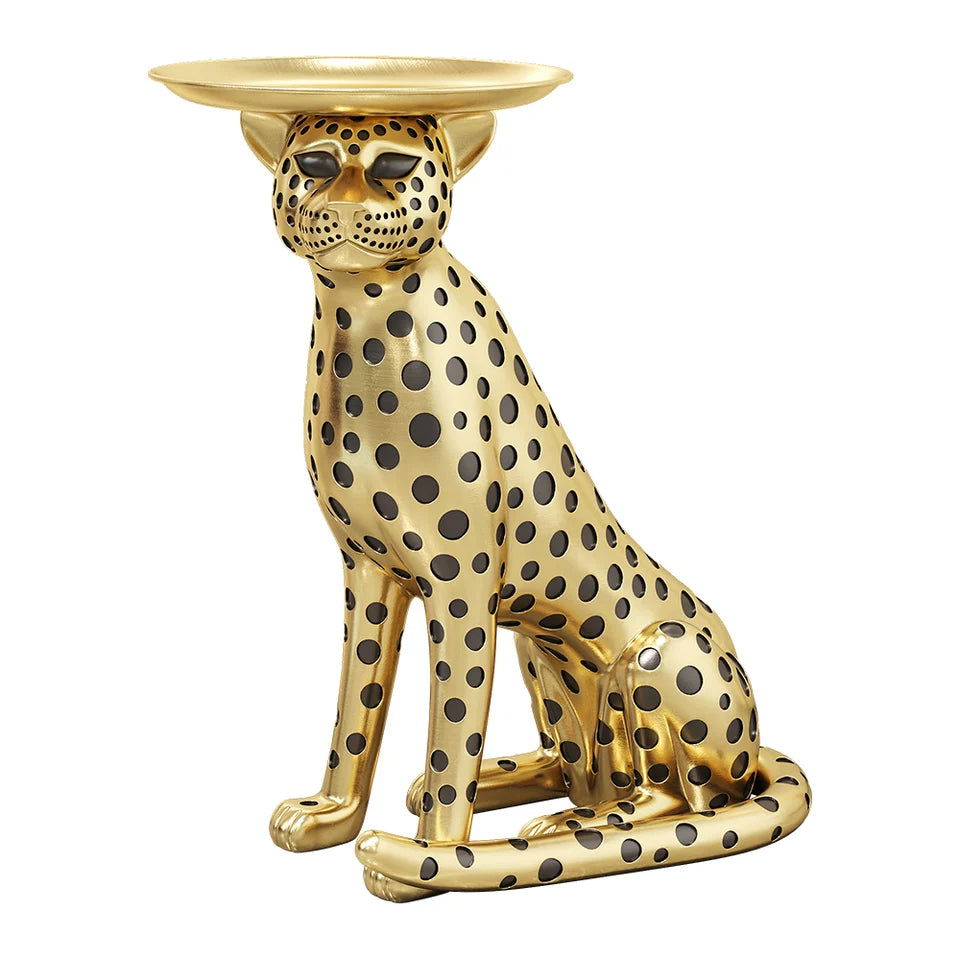 Luxury Gold Leopard Accent Side Table with Tray Top Resin Panther End Table Drink Table - 