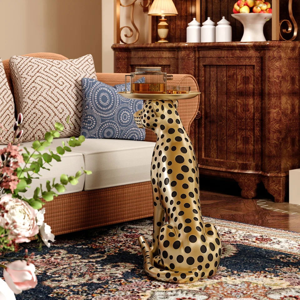 Luxury Gold Leopard Accent Side Table with Tray Top Resin Panther End Table Drink Table - 