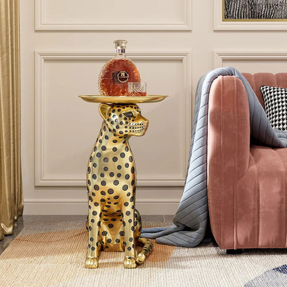 Luxury Gold Leopard Accent Side Table with Tray Top Resin Panther End Table Drink Table - 