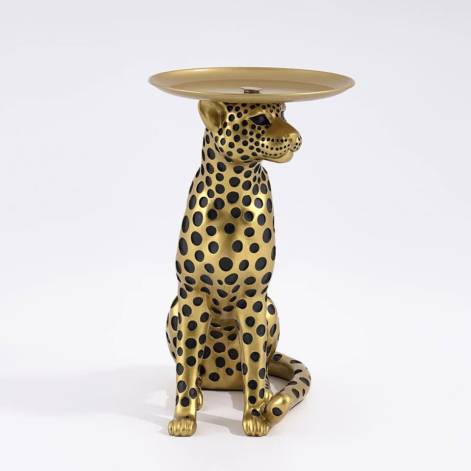 Luxury Gold Leopard Accent Side Table with Tray Top Resin Panther End Table Drink Table - 