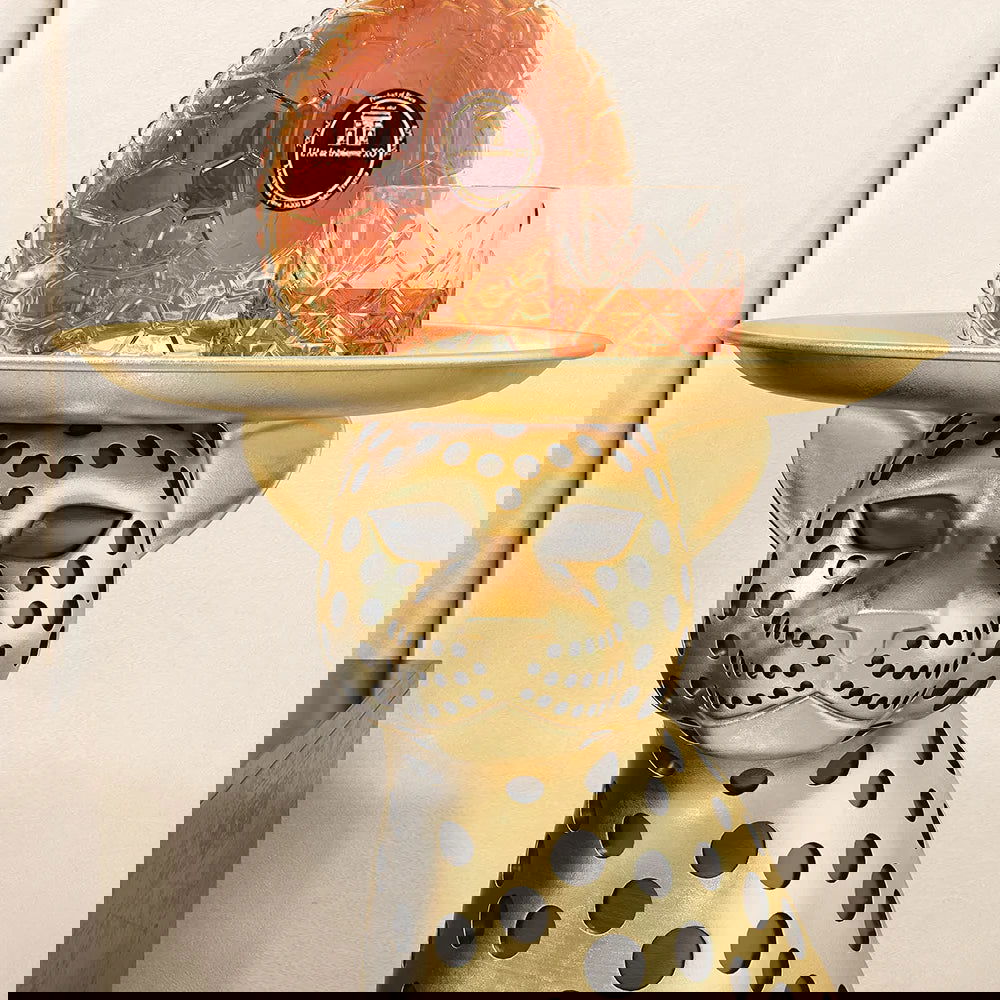 Luxury Gold Leopard Accent Side Table with Tray Top Resin Panther End Table Drink Table - 