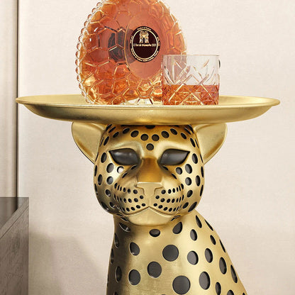 Luxury Gold Leopard Accent Side Table with Tray Top Resin Panther End Table Drink Table - 
