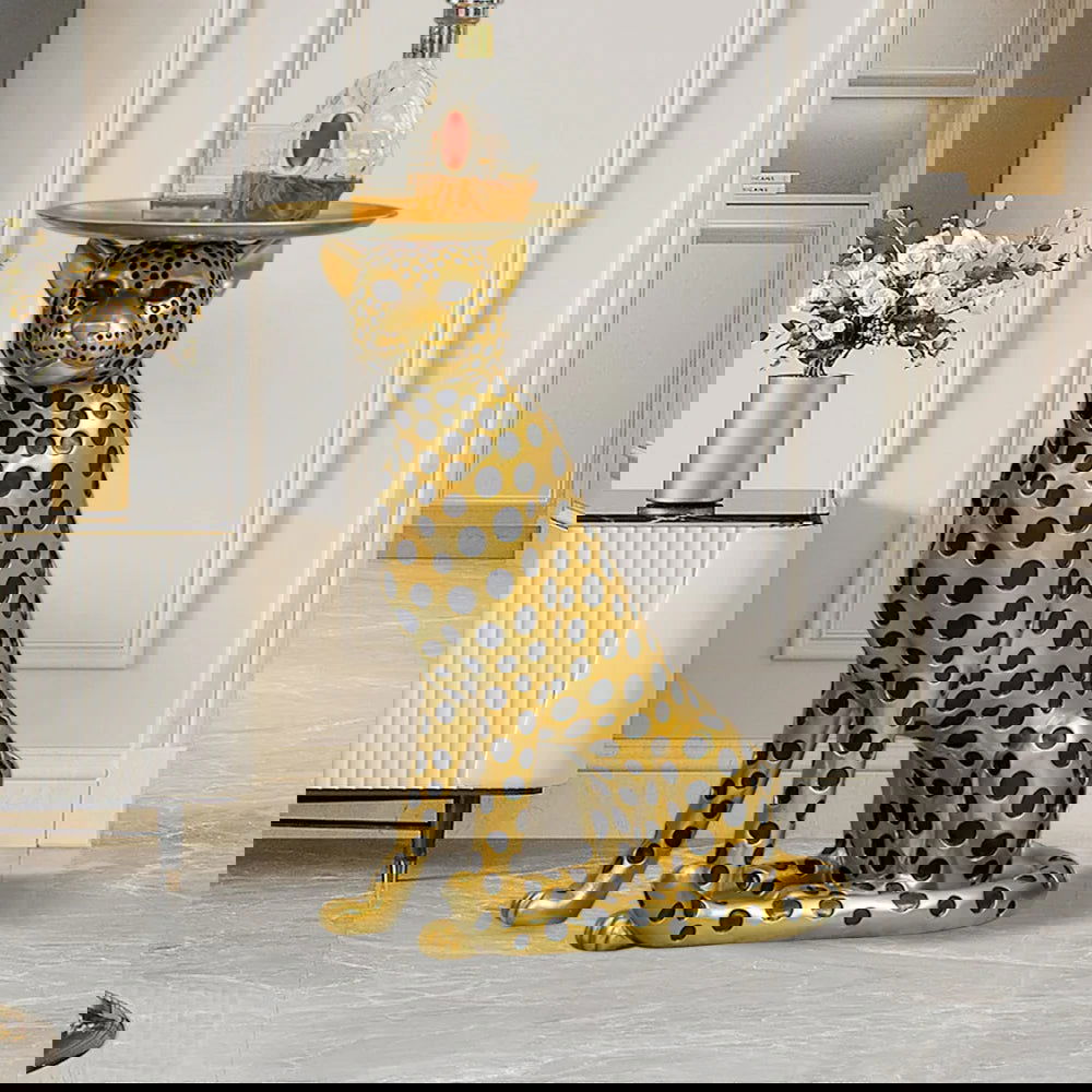 Luxury Gold Leopard Accent Side Table with Tray Top Resin Panther End Table Drink Table - Homary