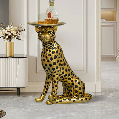 Luxury Gold Leopard Accent Side Table with Tray Top Resin Panther End Table Drink Table - Homary