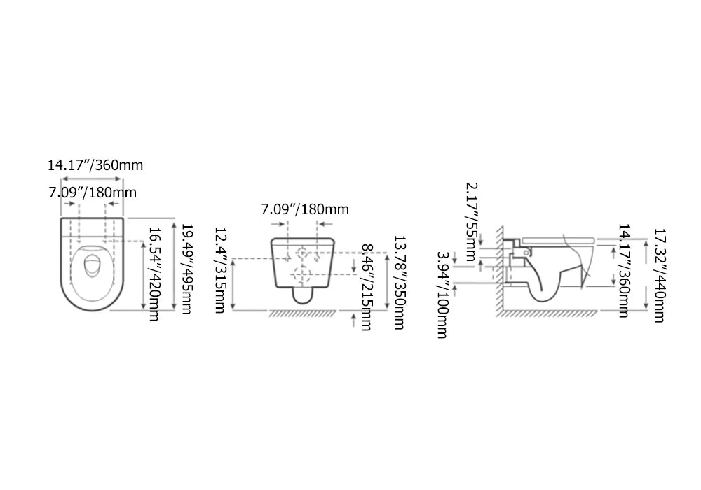 Luxury Round Wall-Mount Toilet Rimless Flushing Ceramic - 
