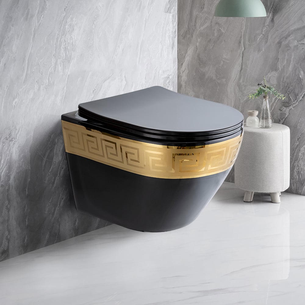 Luxury Round Wall-Mounted Toilet Rimless Flushing Ceramic in Black & Gold Rim - 