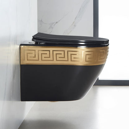 Luxury Round Wall-Mounted Toilet Rimless Flushing Ceramic in Black & Gold Rim - 