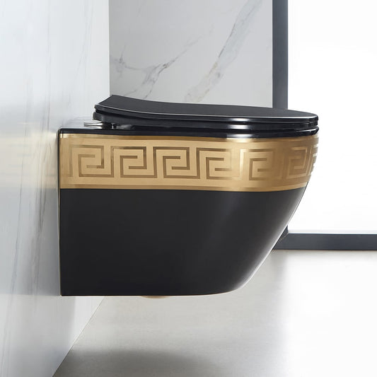 Luxury Round Wall-Mounted Toilet Rimless Flushing Ceramic in Black & Gold Rim - 