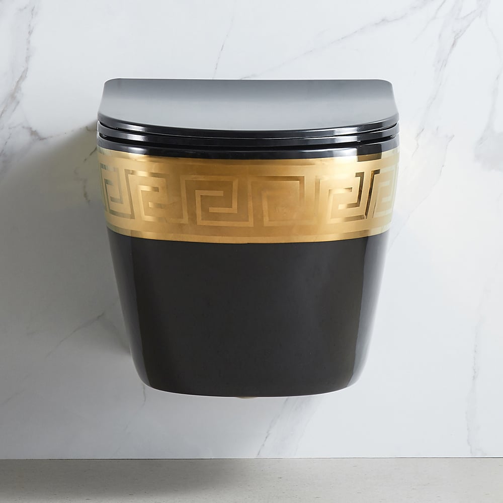 Luxury Round Wall-Mounted Toilet Rimless Flushing Ceramic in Black & Gold Rim - 