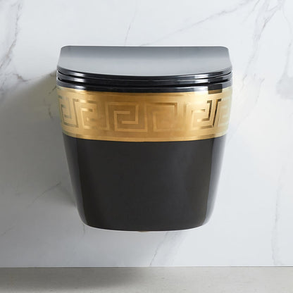 Luxury Round Wall-Mounted Toilet Rimless Flushing Ceramic in Black & Gold Rim - 