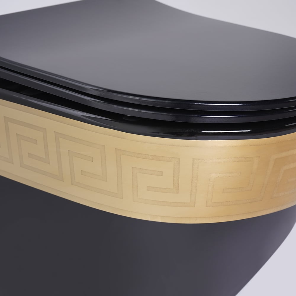 Luxury Round Wall-Mounted Toilet Rimless Flushing Ceramic in Black & Gold Rim - 