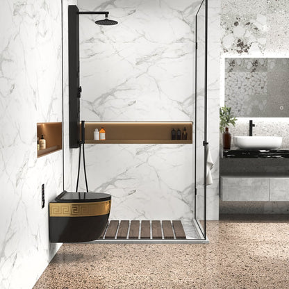 Luxury Round Wall-Mounted Toilet Rimless Flushing Ceramic in Black & Gold Rim - 