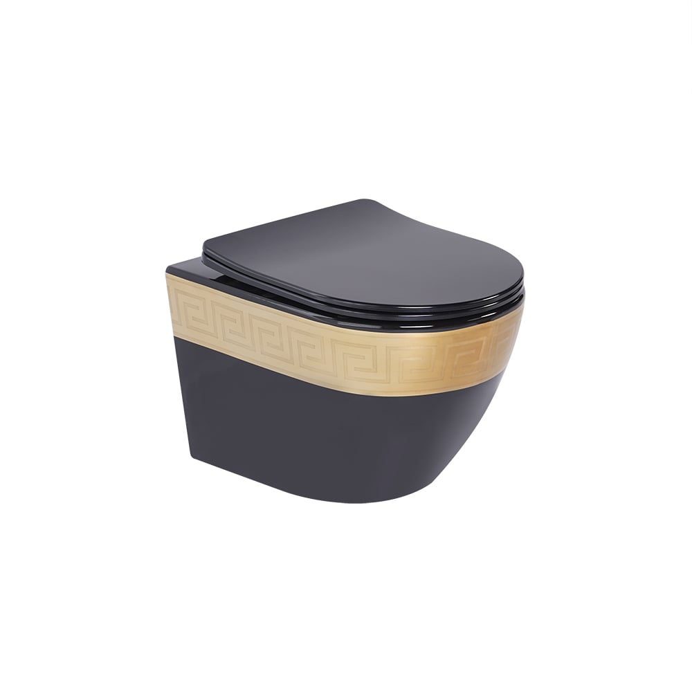 Luxury Round Wall-Mounted Toilet Rimless Flushing Ceramic in Black & Gold Rim - 