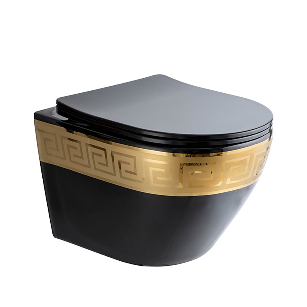 Luxury Round Wall-Mounted Toilet Rimless Flushing Ceramic in Black & Gold Rim - 
