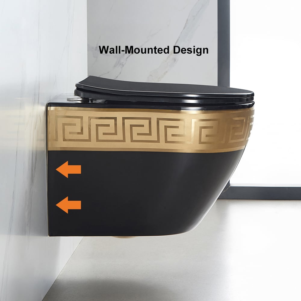 Luxury Round Wall-Mounted Toilet Rimless Flushing Ceramic in Black & Gold Rim - 
