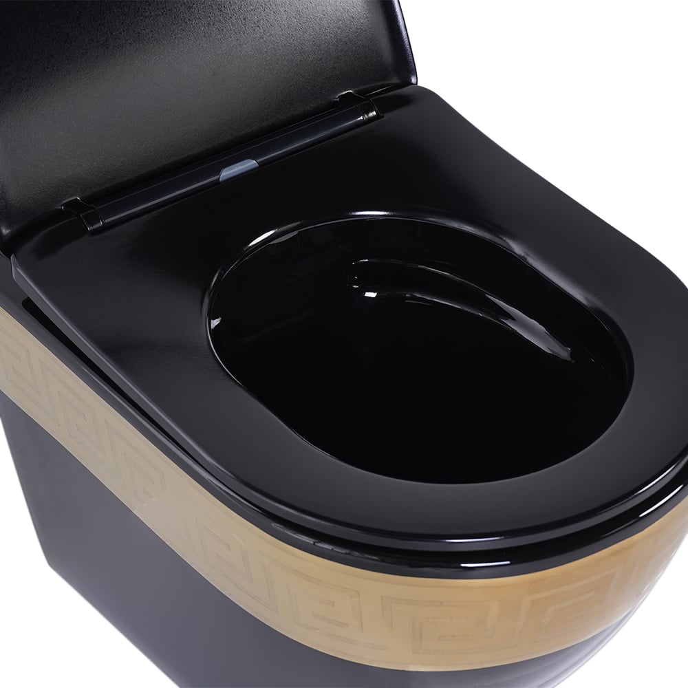 Luxury Round Wall-Mounted Toilet Rimless Flushing Ceramic in Black & Gold Rim - 