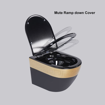 Luxury Round Wall-Mounted Toilet Rimless Flushing Ceramic in Black & Gold Rim - 