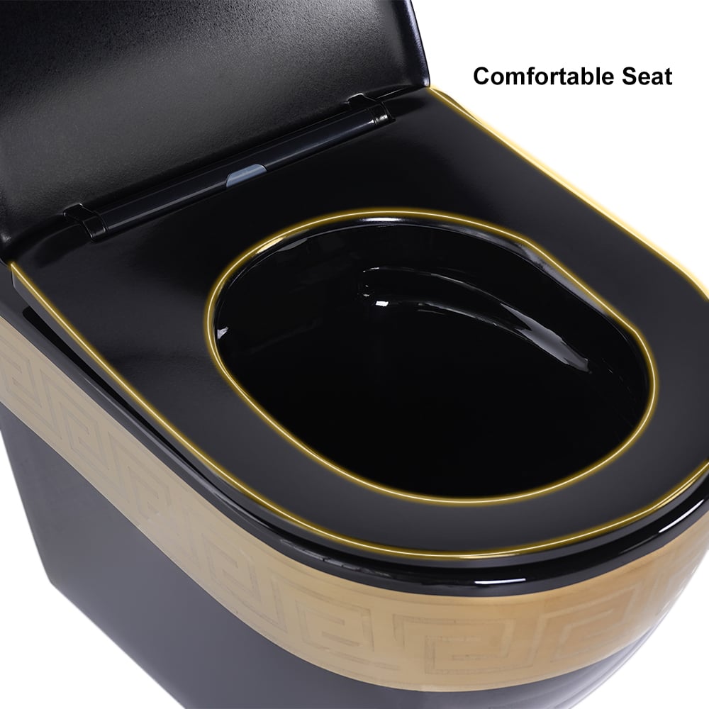 Luxury Round Wall-Mounted Toilet Rimless Flushing Ceramic in Black & Gold Rim - 