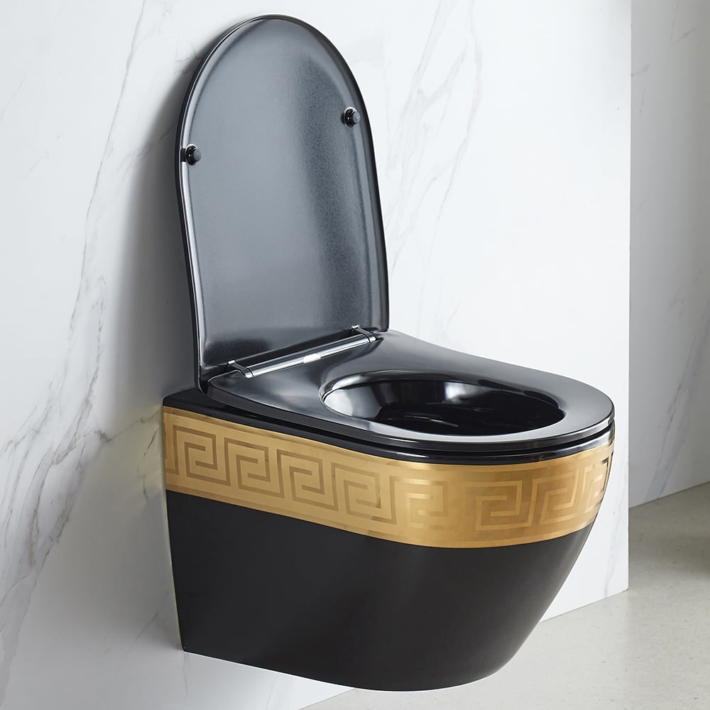 Luxury Round Wall-Mounted Toilet Rimless Flushing Ceramic in Black & Gold Rim - 