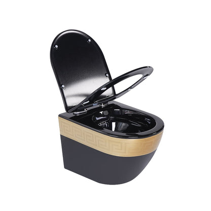 Luxury Round Wall-Mounted Toilet Rimless Flushing Ceramic in Black & Gold Rim - 