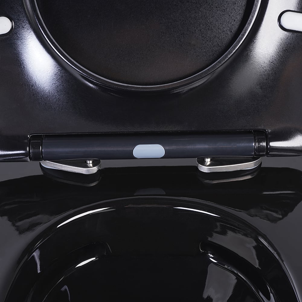 Luxury Round Wall-Mounted Toilet Rimless Flushing Ceramic in Black & Gold Rim - 