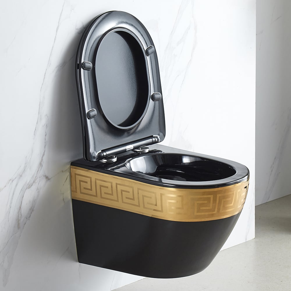 Luxury Round Wall-Mounted Toilet Rimless Flushing Ceramic in Black & Gold Rim - 