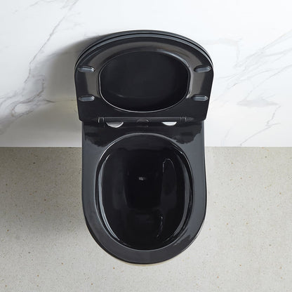 Luxury Round Wall-Mounted Toilet Rimless Flushing Ceramic in Black & Gold Rim - 
