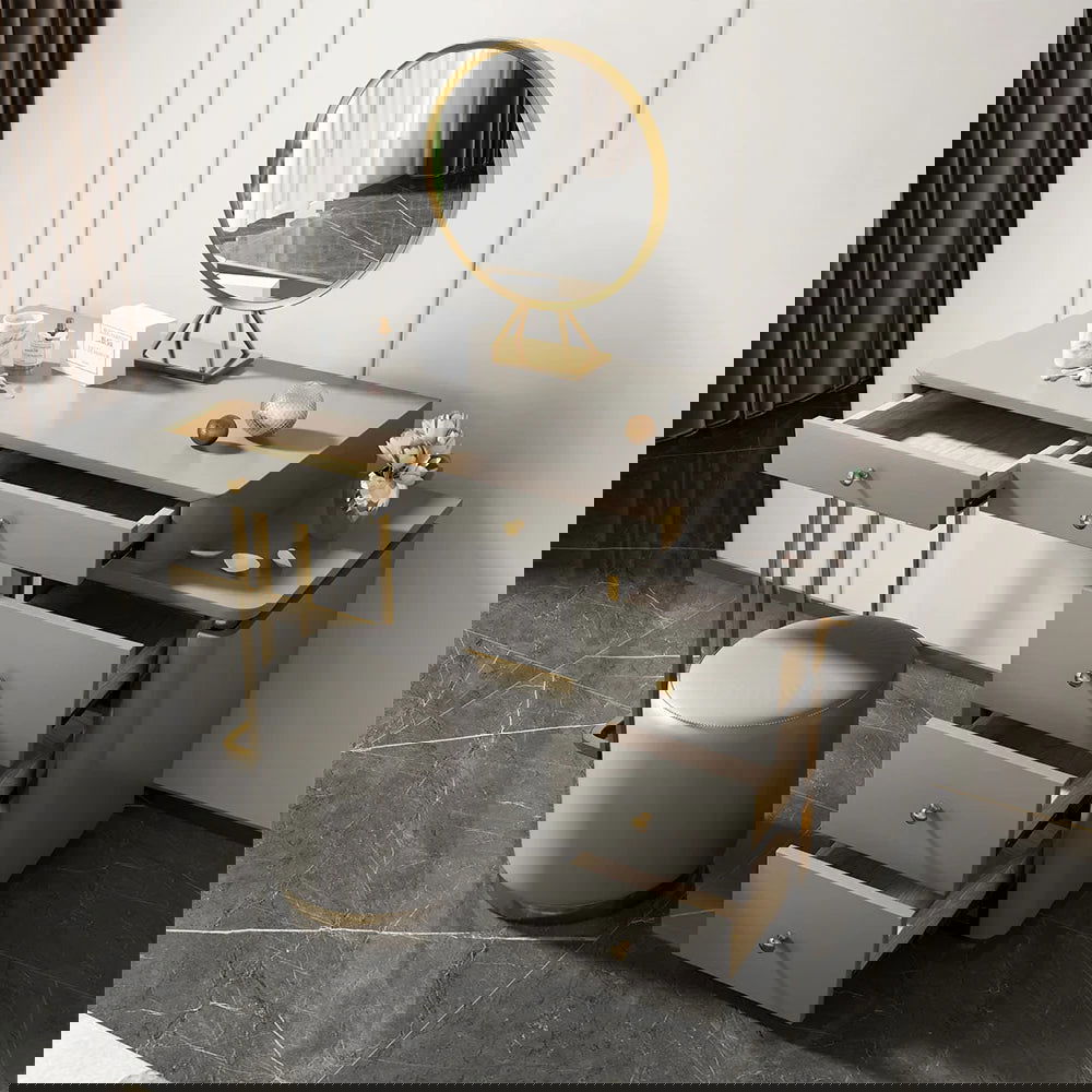 Makeup Vanity Set with Drawers Retractable Dressing Table Stool & Mirror Included - 