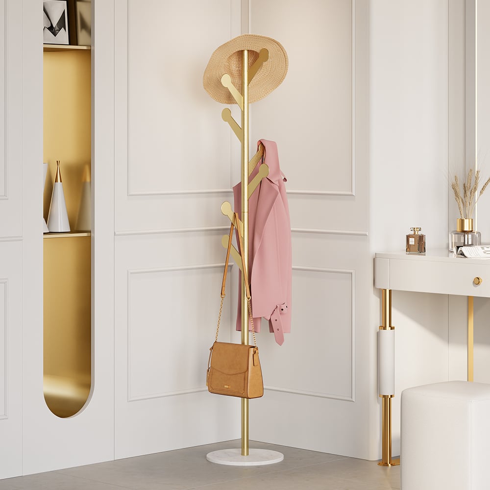 Marble Freestanding Clothing Rack Gold with Hooks for Bedroom - 