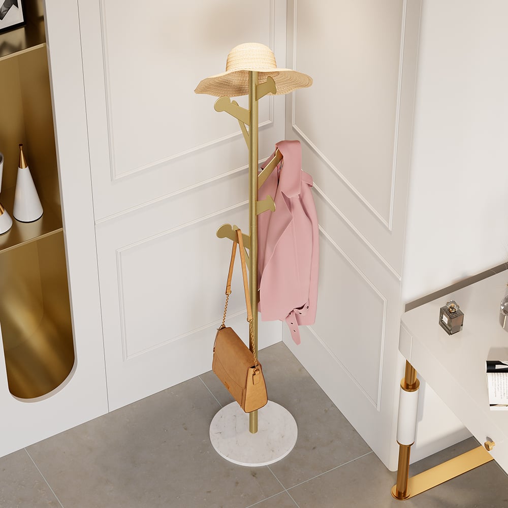 Marble Freestanding Clothing Rack Gold with Hooks for Bedroom - 