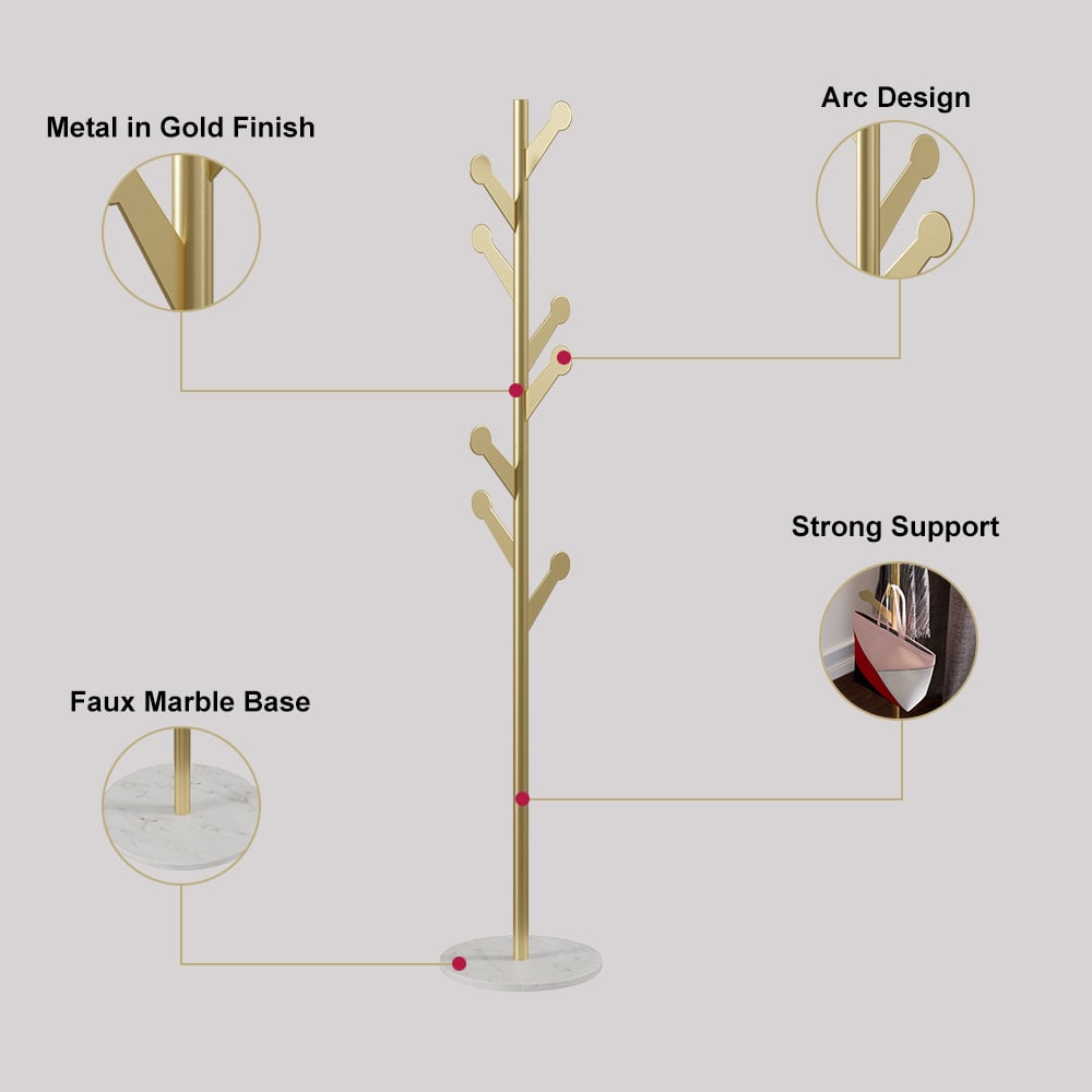 Marble Freestanding Clothing Rack Gold with Hooks for Bedroom - 