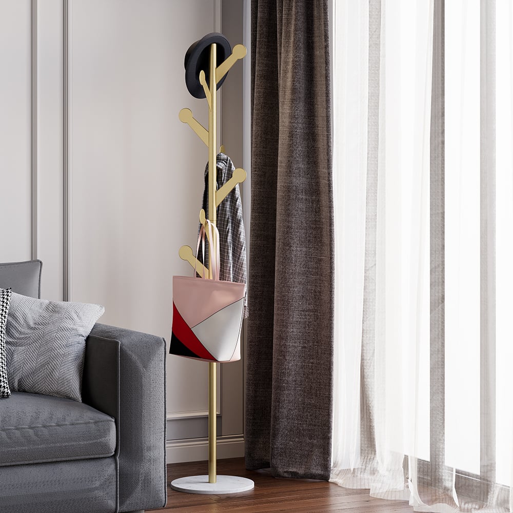 Marble Freestanding Clothing Rack Gold with Hooks for Bedroom - 