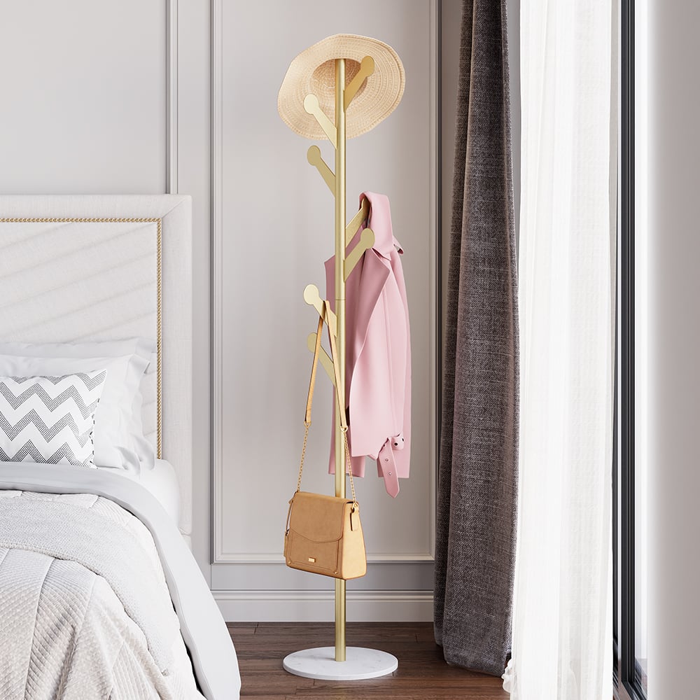 Marble Freestanding Clothing Rack Gold with Hooks for Bedroom - 