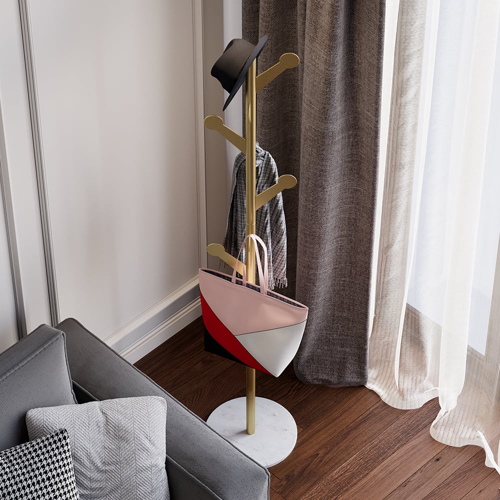 Marble Freestanding Clothing Rack Gold with Hooks for Bedroom - 