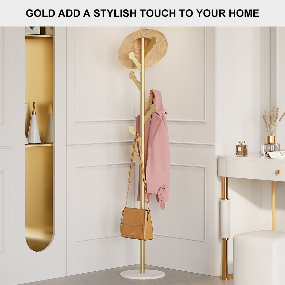 Marble Freestanding Clothing Rack Gold with Hooks for Bedroom - 