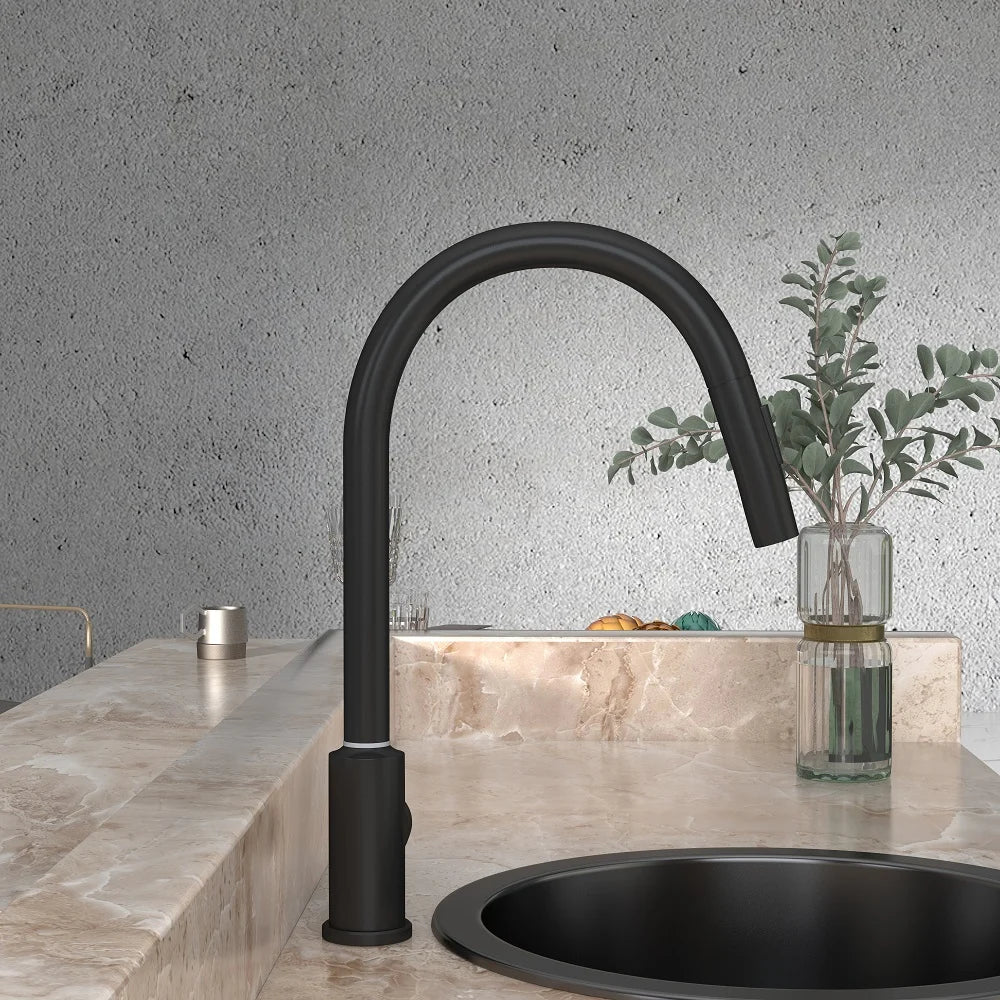 Matte Black Touch Kitchen Faucet Stainless Steel Pull Out Spray Single Handle - 