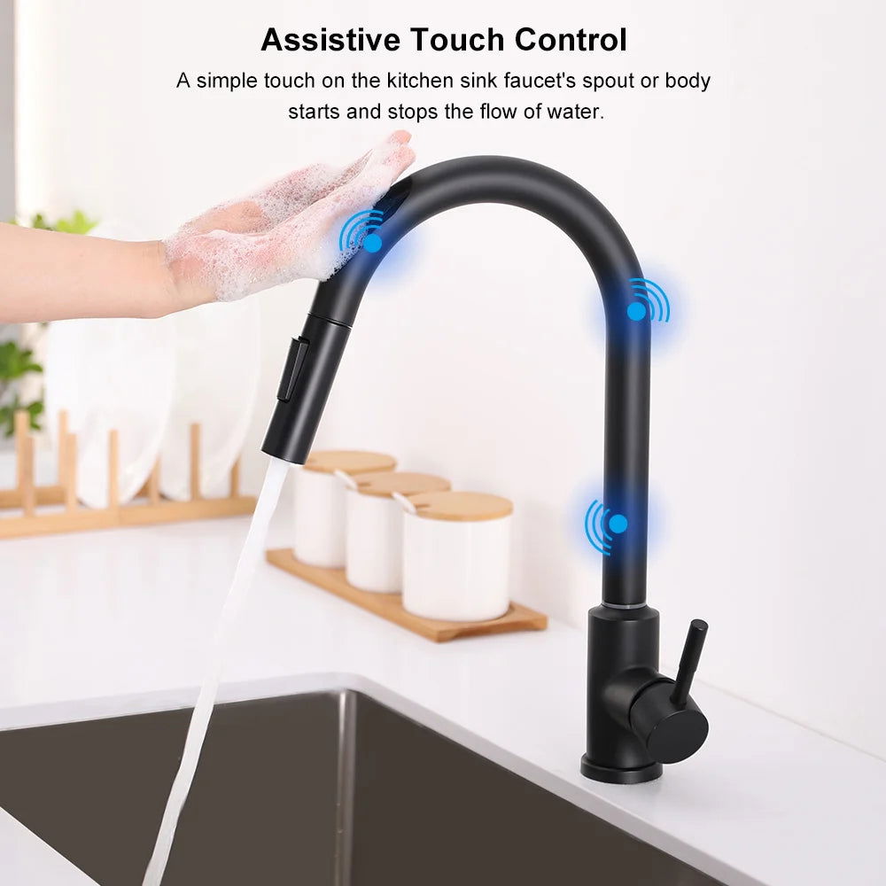 Matte Black Touch Kitchen Faucet Stainless Steel Pull Out Spray Single Handle - 
