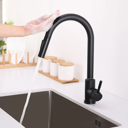 Matte Black Touch Kitchen Faucet Stainless Steel Pull Out Spray Single Handle - 