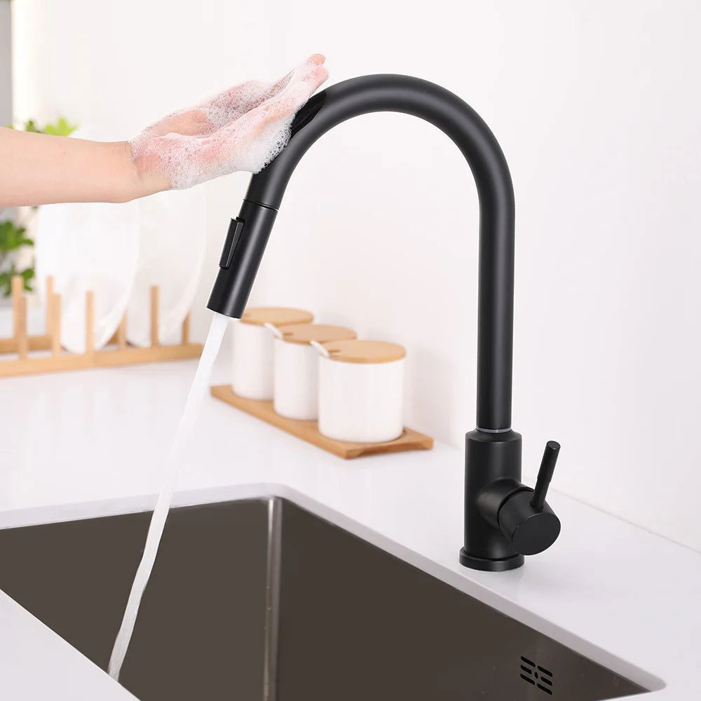 Matte Black Touch Kitchen Faucet Stainless Steel Pull Out Spray Single Handle - 