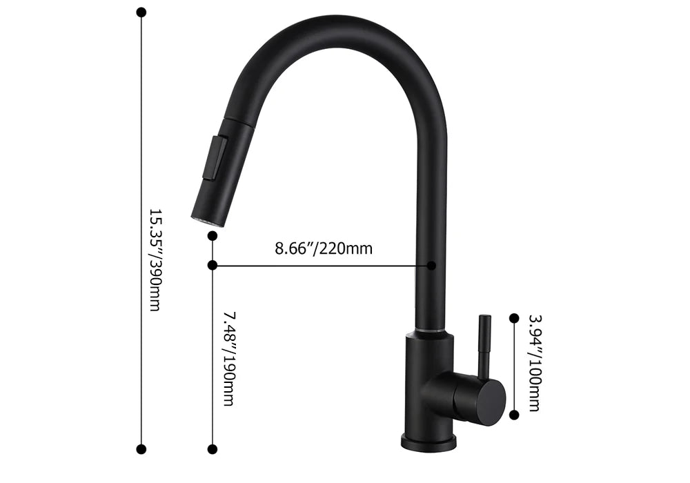 Matte Black Touch Kitchen Faucet Stainless Steel Pull Out Spray Single Handle - 