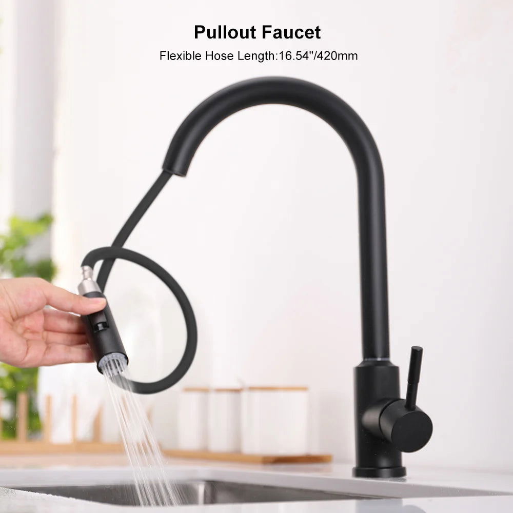 Matte Black Touch Kitchen Faucet Stainless Steel Pull Out Spray Single Handle - 