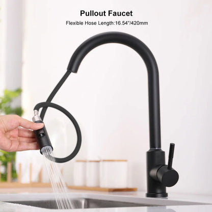 Matte Black Touch Kitchen Faucet Stainless Steel Pull Out Spray Single Handle - 