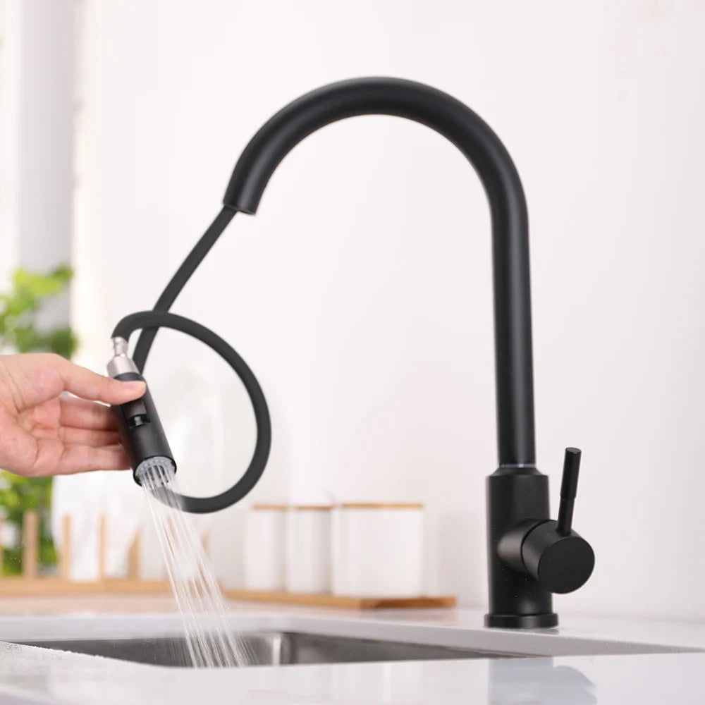 Matte Black Touch Kitchen Faucet Stainless Steel Pull Out Spray Single Handle - 