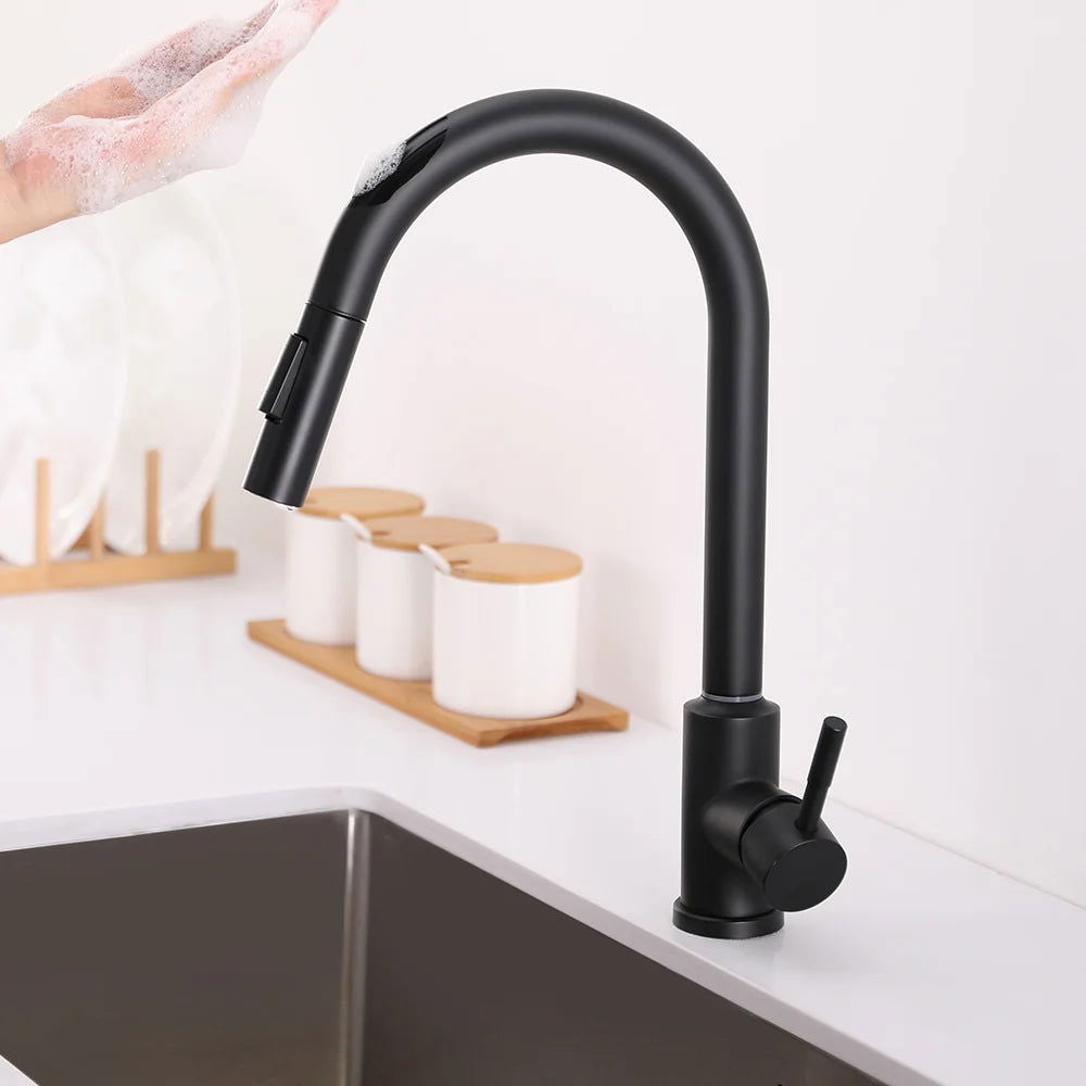 Matte Black Touch Kitchen Faucet Stainless Steel Pull Out Spray Single Handle - 