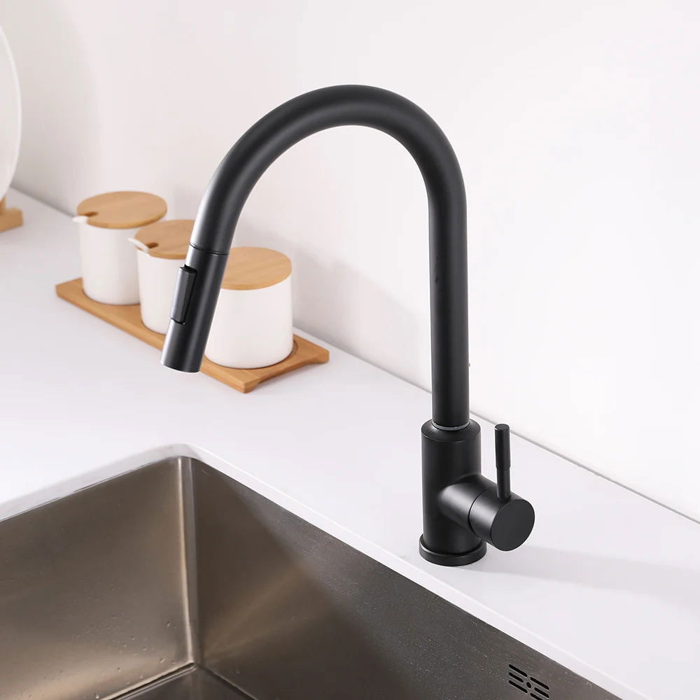 Matte Black Touch Kitchen Faucet Stainless Steel Pull Out Spray Single Handle - 