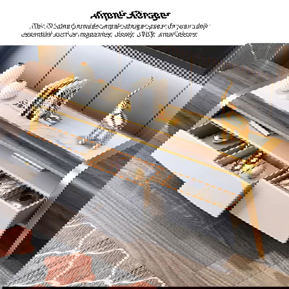 Mella 2200mm TV Stand with Storage White Faux Marble Top 3 Drawers Media Console for TVs - 