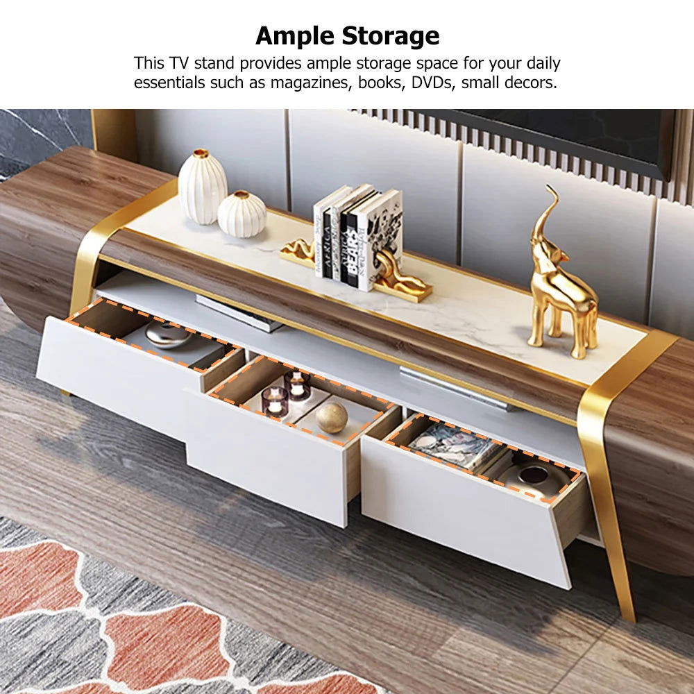 Mella 2200mm TV Stand with Storage White Faux Marble Top 3 Drawers Media Console for TVs - Approved By Design