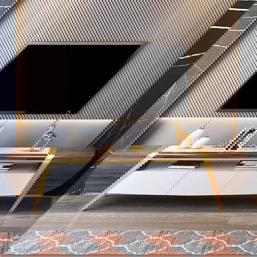 Mella 2200mm TV Stand with Storage White Faux Marble Top 3 Drawers Media Console for TVs - Homary