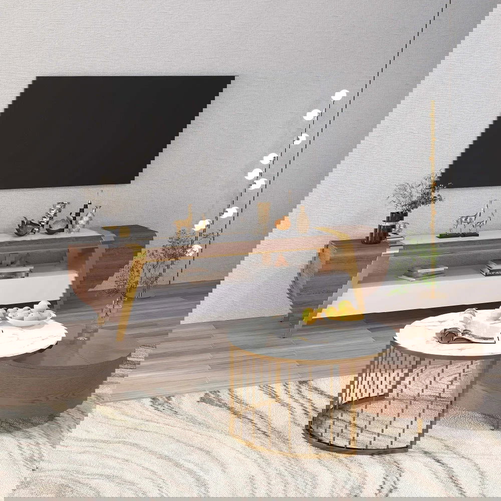 Mella 2200mm TV Stand with Storage White Faux Marble Top 3 Drawers Media Console for TVs - Homary